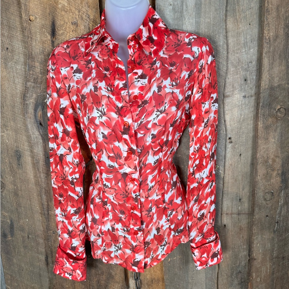 A.B.S. Red Silk Floral Blouse - size Petite